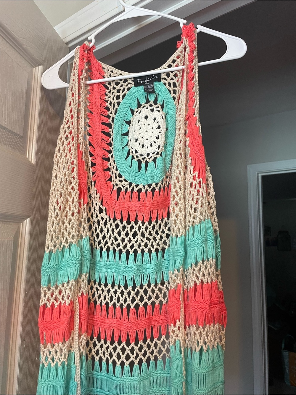 FRAZZLE Crochet Open-Front Vest in Coral, Mint & Cream